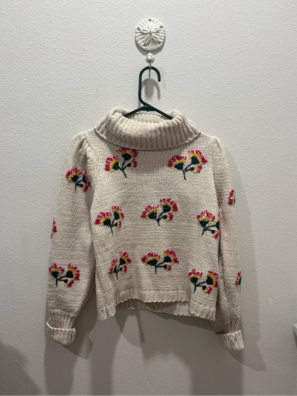 Cream Floral Turtleneck Sweater with Pink & Yellow Embroidery